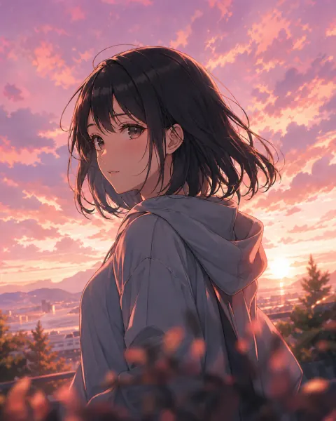 夕焼け空を背景にした女性のイラスト