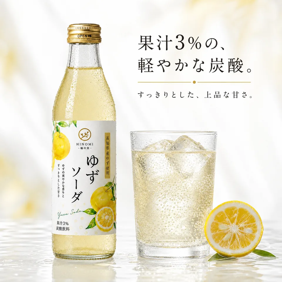 果汁3%、氷、気泡、グラスを見せるゆずソーダの商品画像