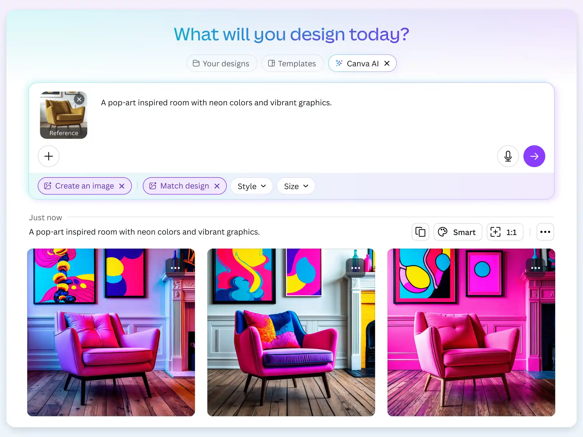 Canva’s English AI image interface with a reference photo, prompt, Style and Size controls and generated design options
