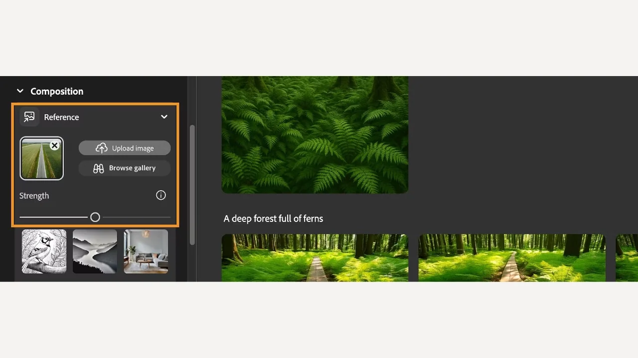 Adobe FireflyのComposition設定。参考画像のアップロードとStrength調整で構図を指定する画面