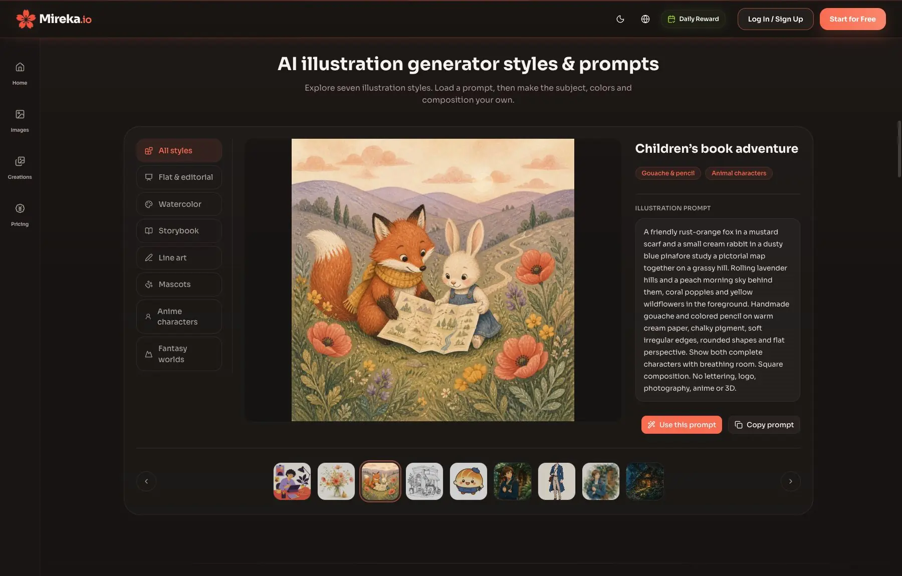 Mireka’s English example library with seven style categories, a fox-and-rabbit storybook scene and its reusable prompt
