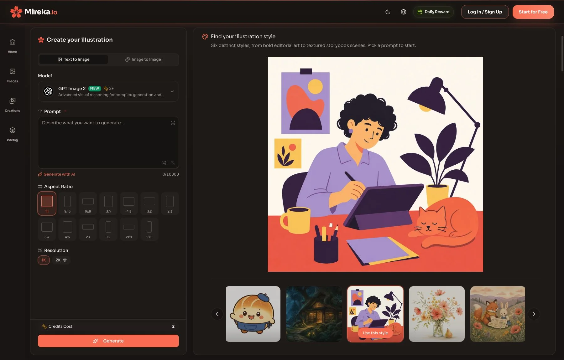 Mireka’s English AI illustration generator with model, prompt, aspect ratio and resolution controls beside a flat editorial art example