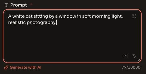 English Mireka prompt field with a white cat example and Generate with AI button