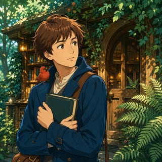 Anime traveler in a blue coat with a red bird outside a forest bookshop