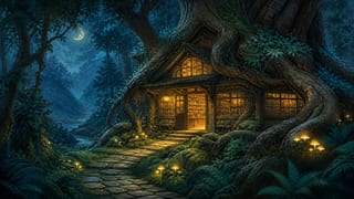 Fantasy forest bookshop with glowing amber windows and a winding path