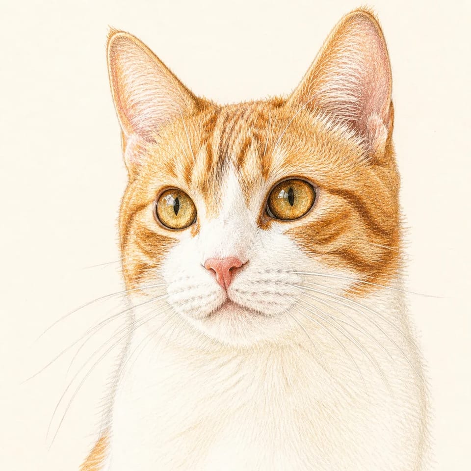 同じ猫の顔の向きと毛色を参考にした色鉛筆イラスト