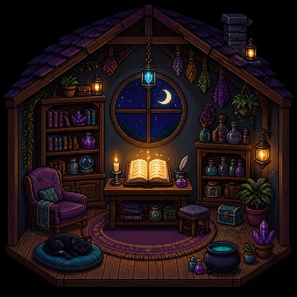 Pixel art wizard attic with a glowing book, potion bottles, moon window, and black cat