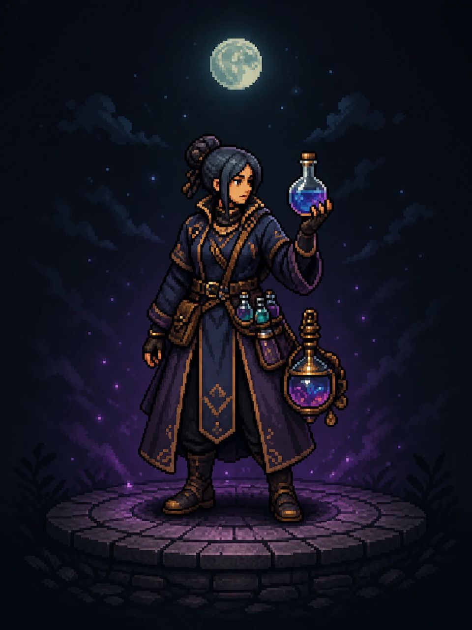 Full-body 16-bit-style pixel art alchemist holding a glowing potion