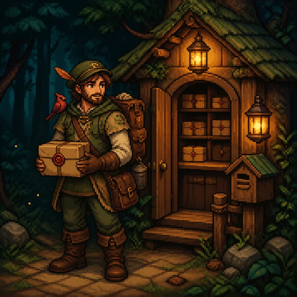 16-bit-style pixel art forest courier holding a parcel outside a post office