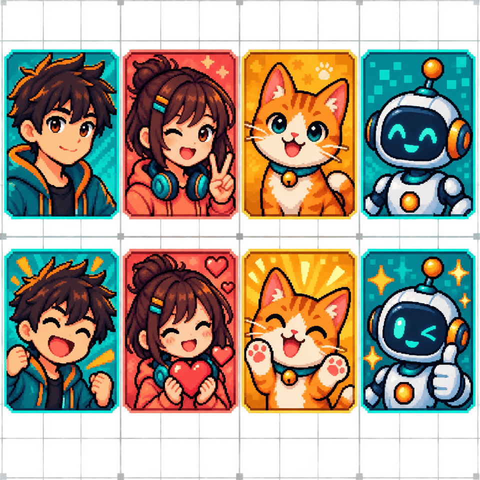 Pixel art profile avatars and reaction assets featuring people, a cat, and a robot