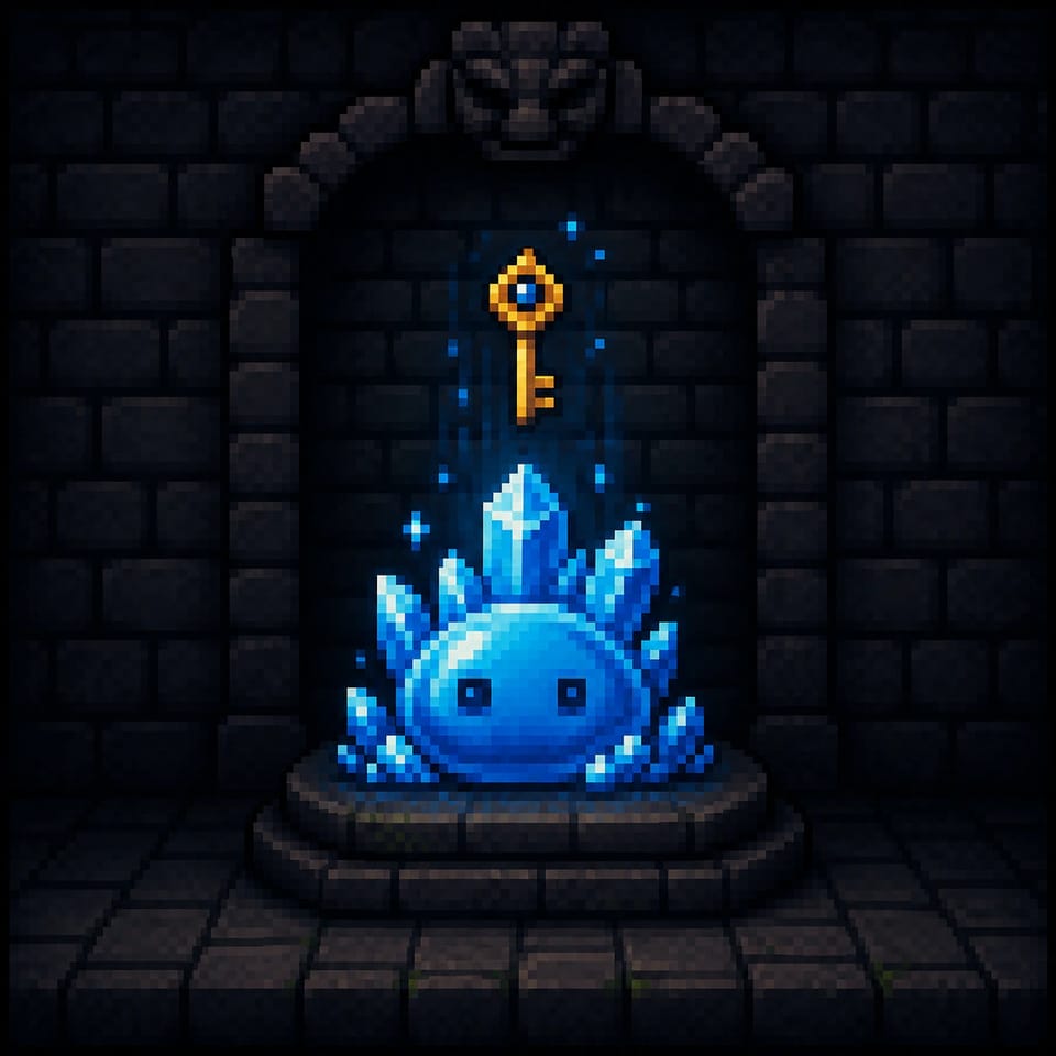 Blue crystal slime guarding a golden key in 8-bit-style pixel art