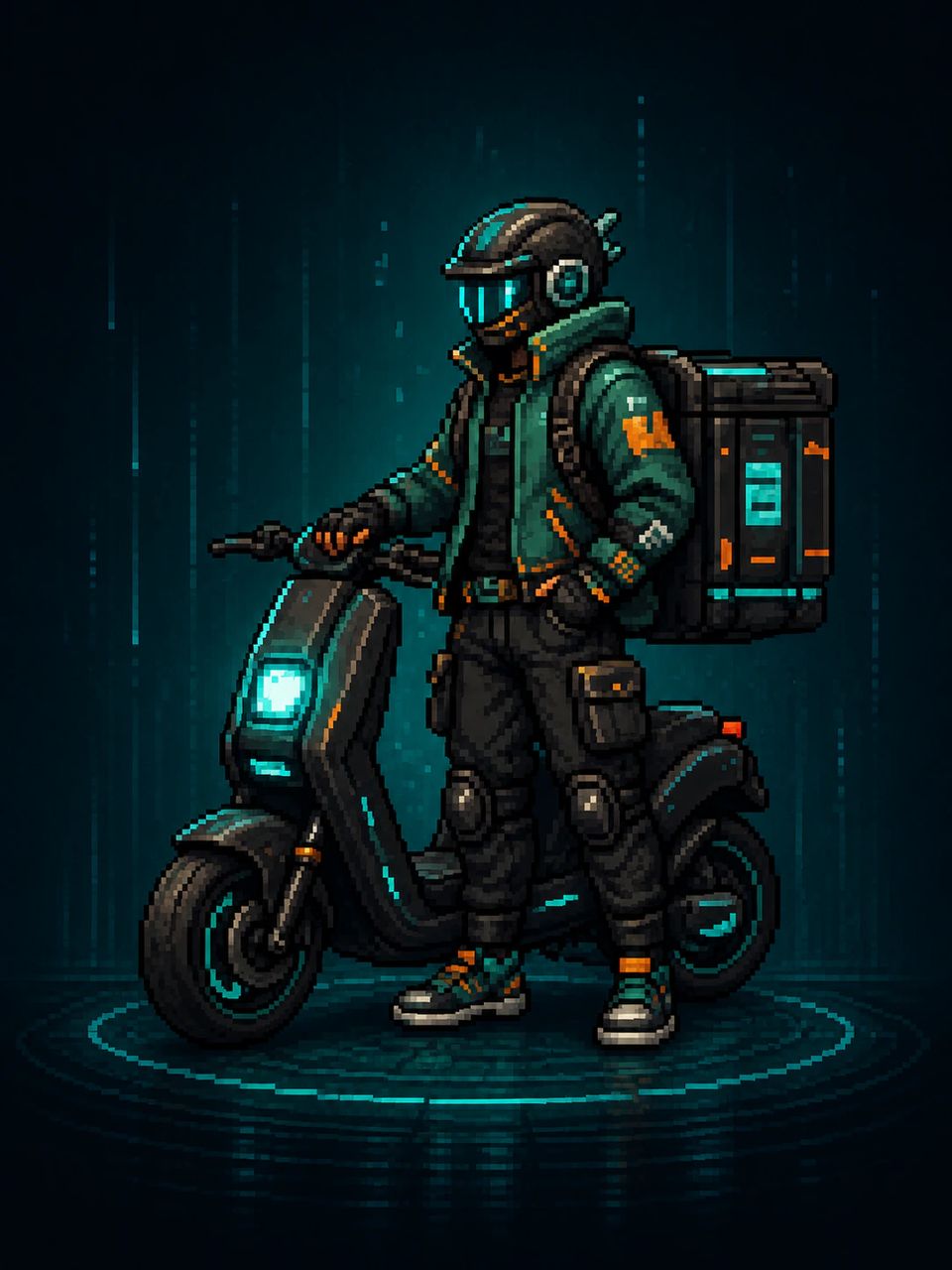 Cyberpunk pixel art delivery rider with an electric bike and glowing pack