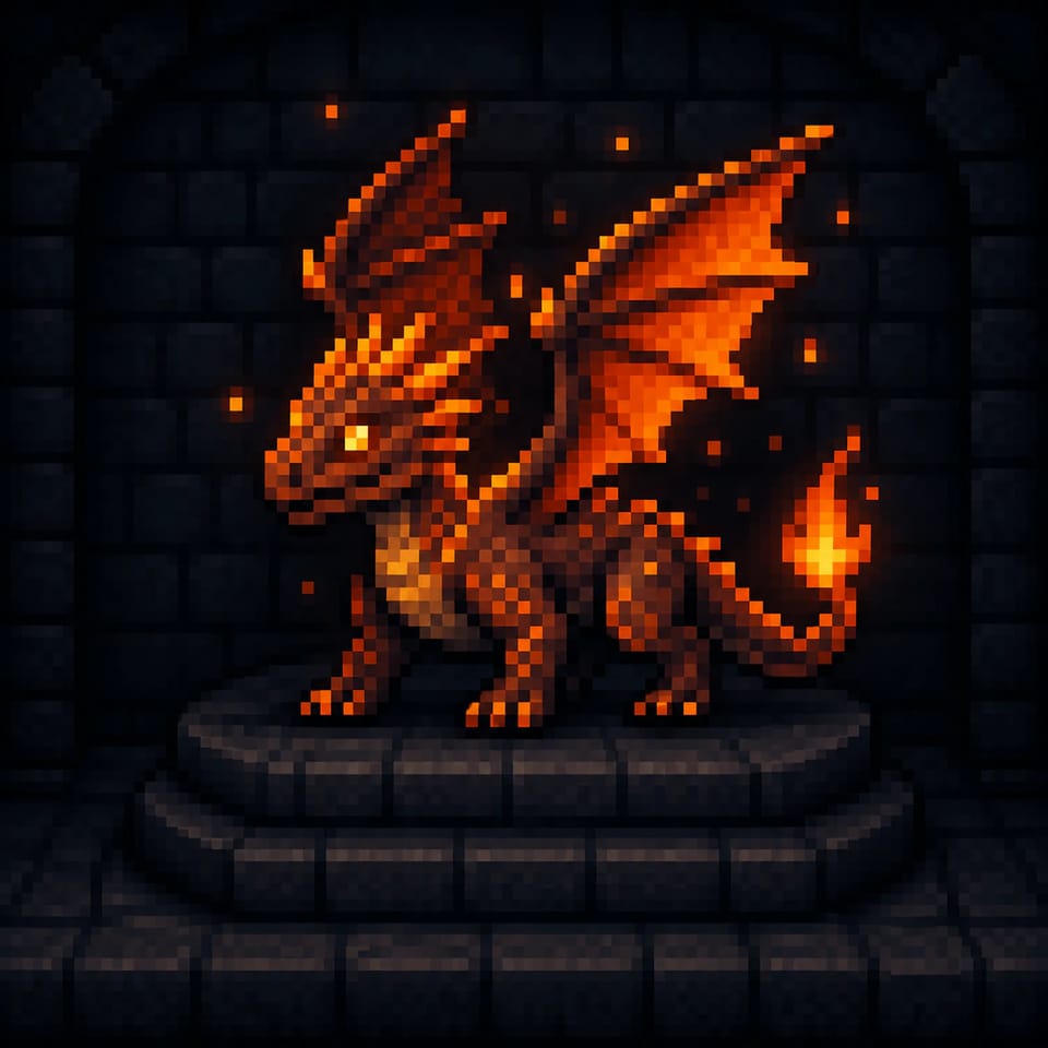 Small 16-bit-style pixel art dragon with wings and a burning tail