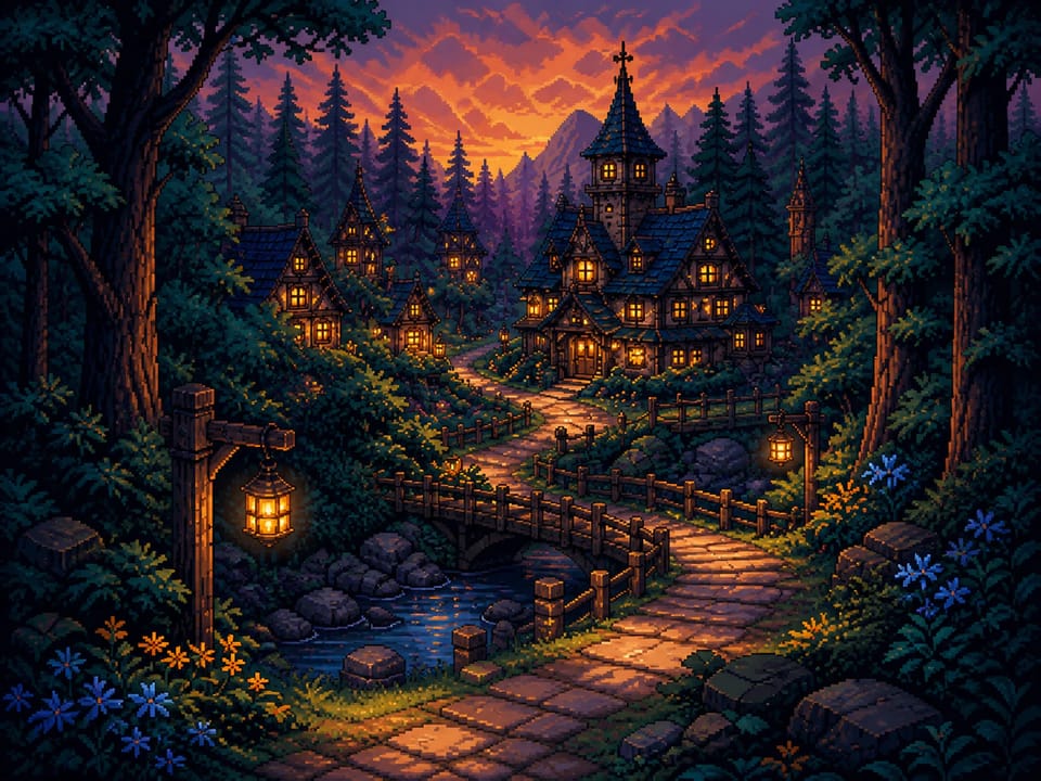 16-bit-style pixel art forest village with cottages, bridge, and sunset mountains