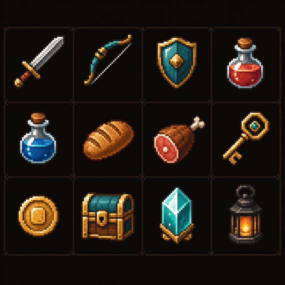 Set of 12 pixel art game inventory icons including weapons, potions, food, and treasure