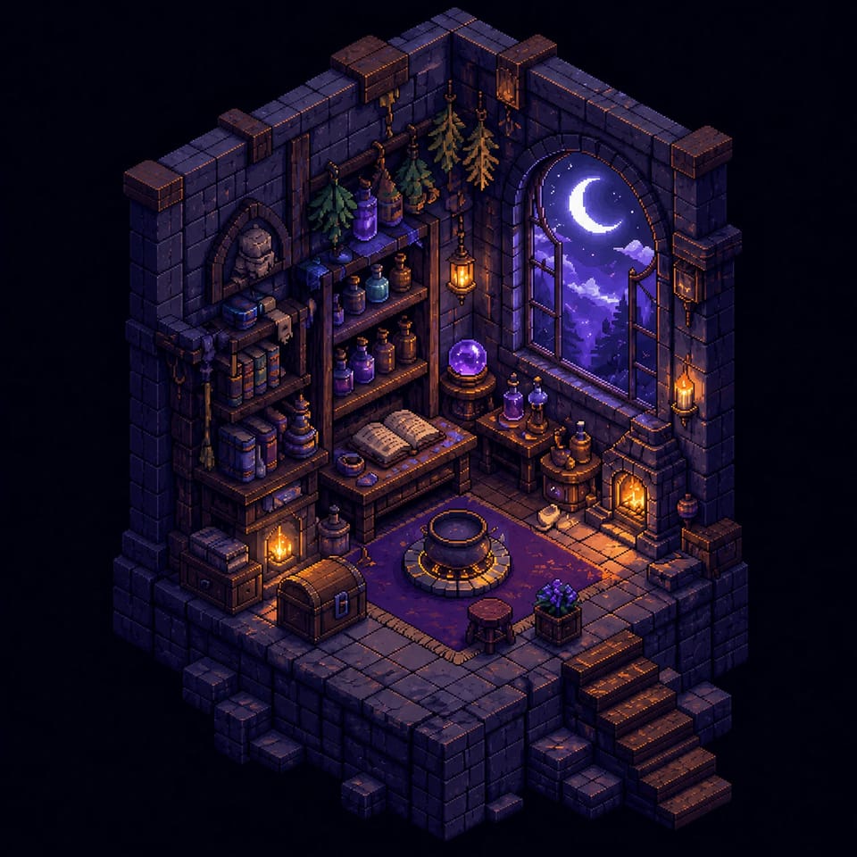 Isometric pixel art alchemy workshop with potion shelves and a crescent-moon window