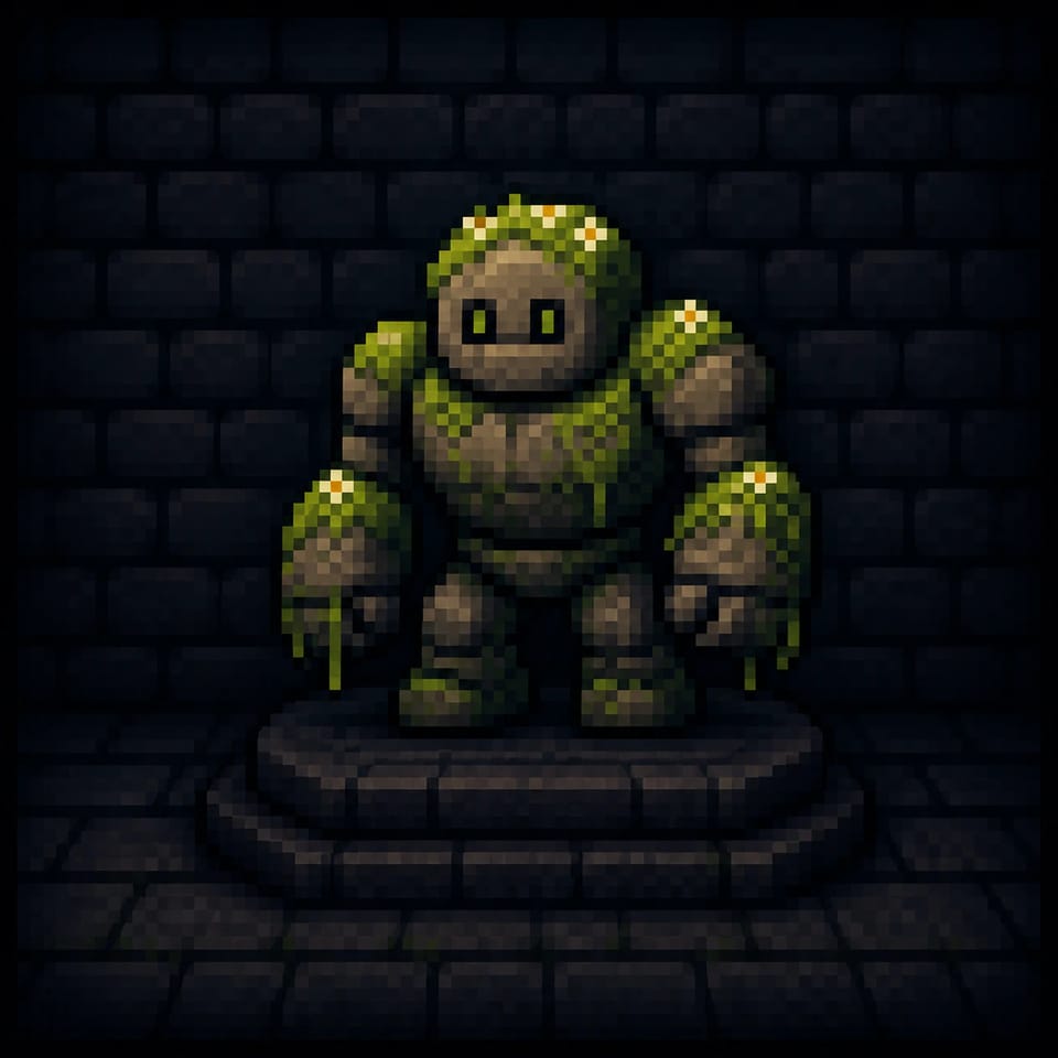 16-bit-style pixel art moss-covered stone golem in a dark dungeon
