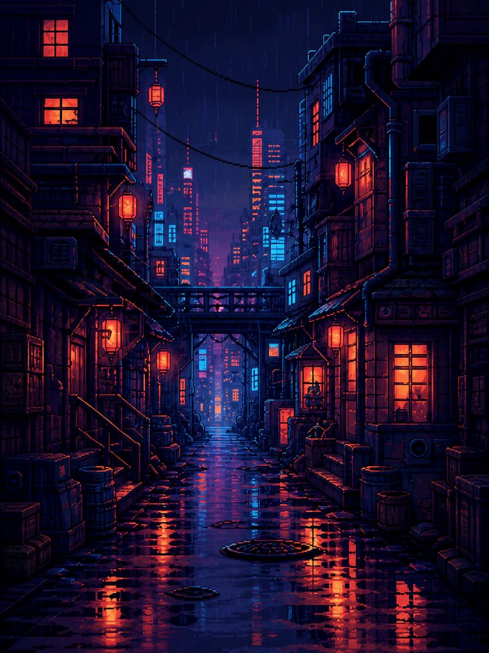Vertical pixel art background of a rainy cyberpunk alley with blue and red neon