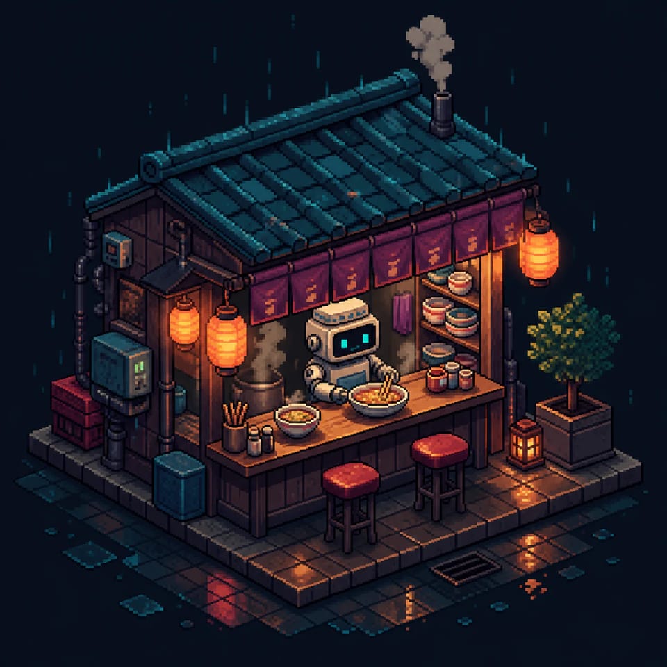 Isometric pixel art robot cooking at a tiny noodle stall on a rainy night