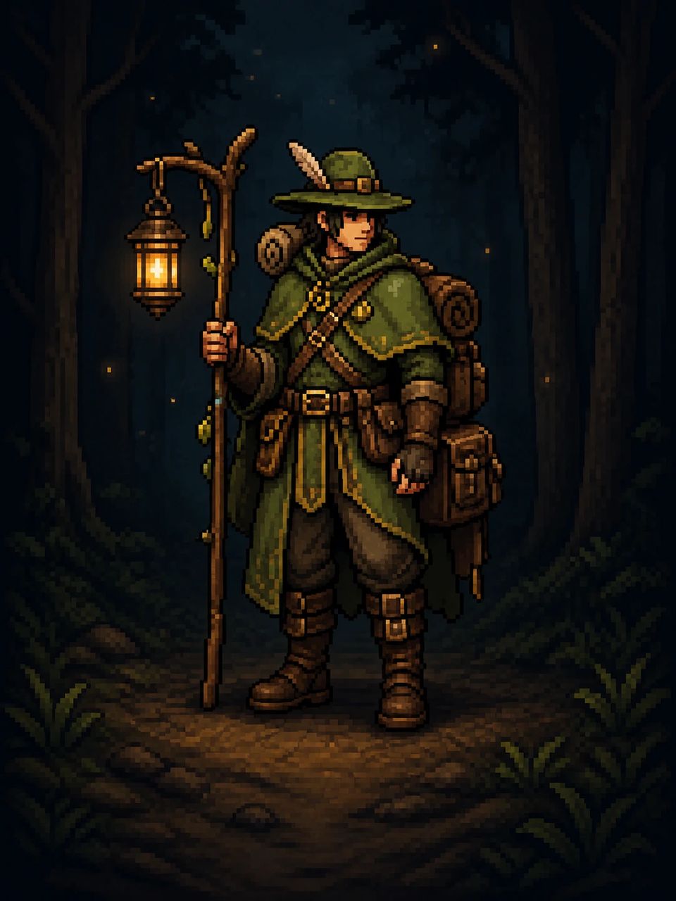 Full-body 16-bit-style pixel art forest ranger with a green cloak and staff