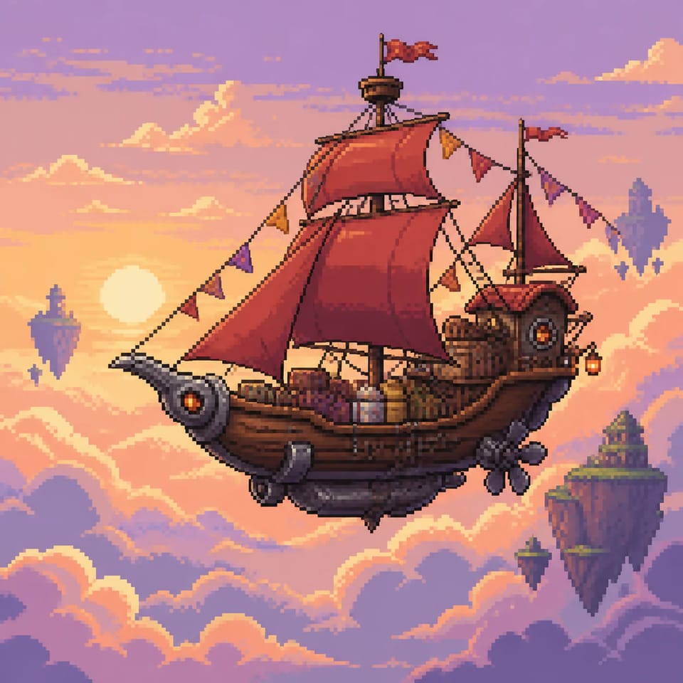 Pixel art flying delivery ship with a red sail above sunrise clouds
