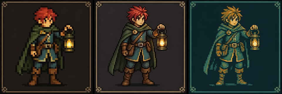 The same red-haired adventurer compared in coarse 8-bit, detailed 16-bit, and limited-palette pixel art styles