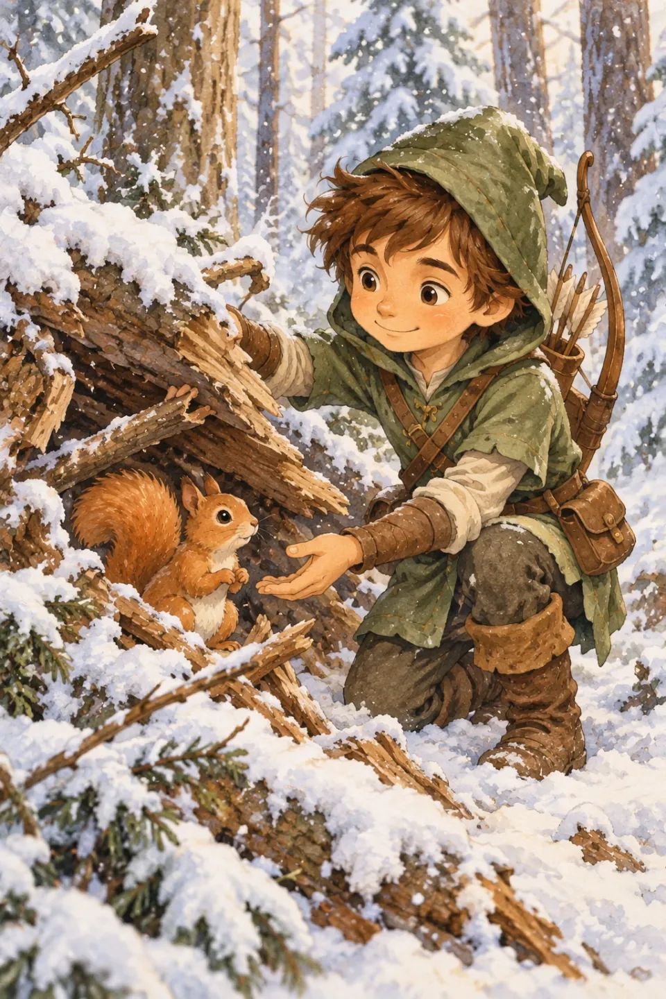 GPT Image 2.5 Sunburstで同じ緑のフードの子どもが雪の森でリスを助ける絵本作例