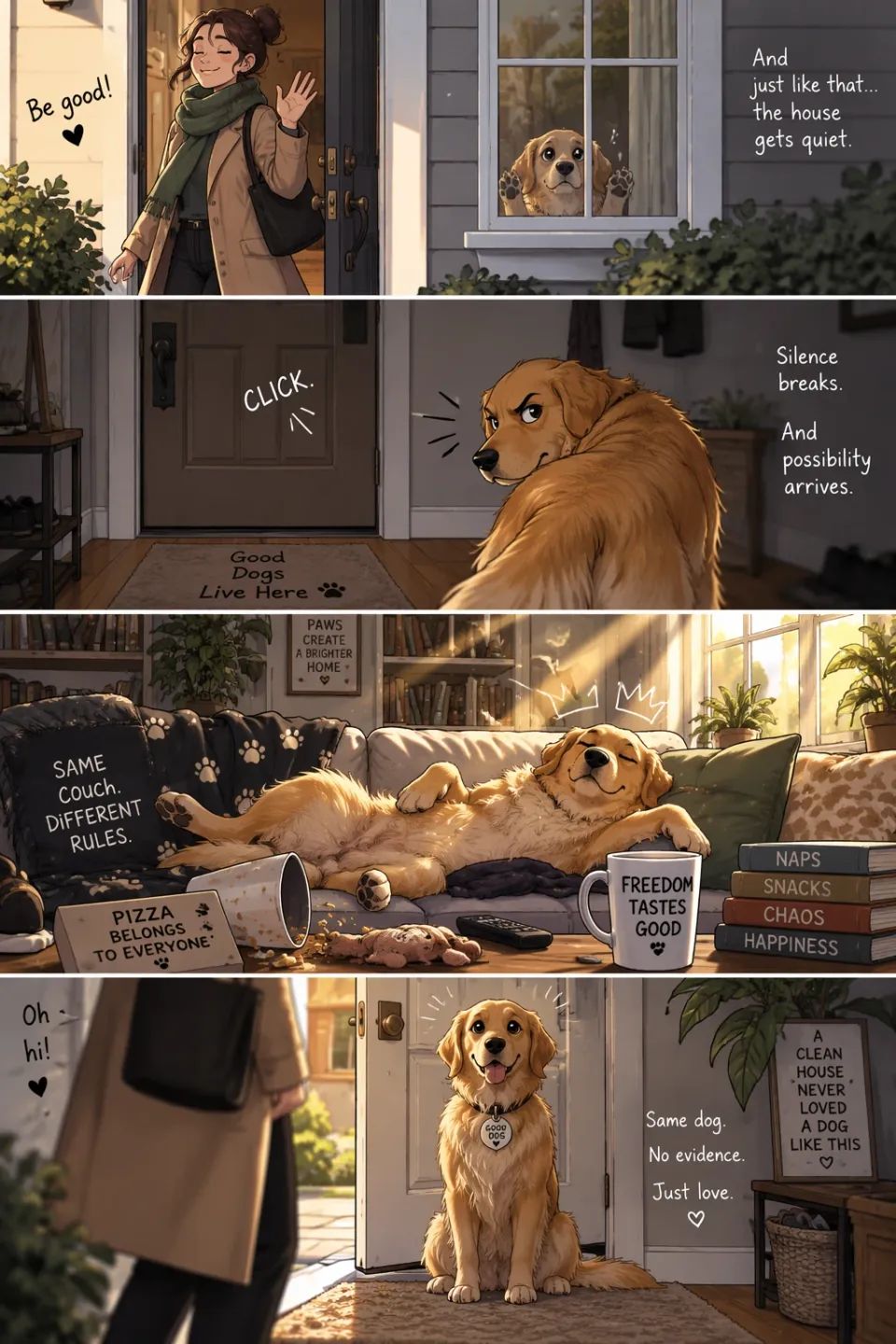 GPT Image 2.5 Sunburstで犬の行動と英語のせりふを複数コマに描いたコミック作例