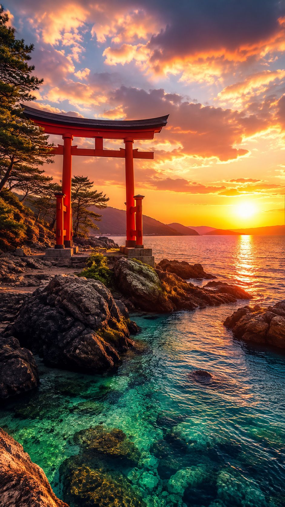 夕日の海と鳥居