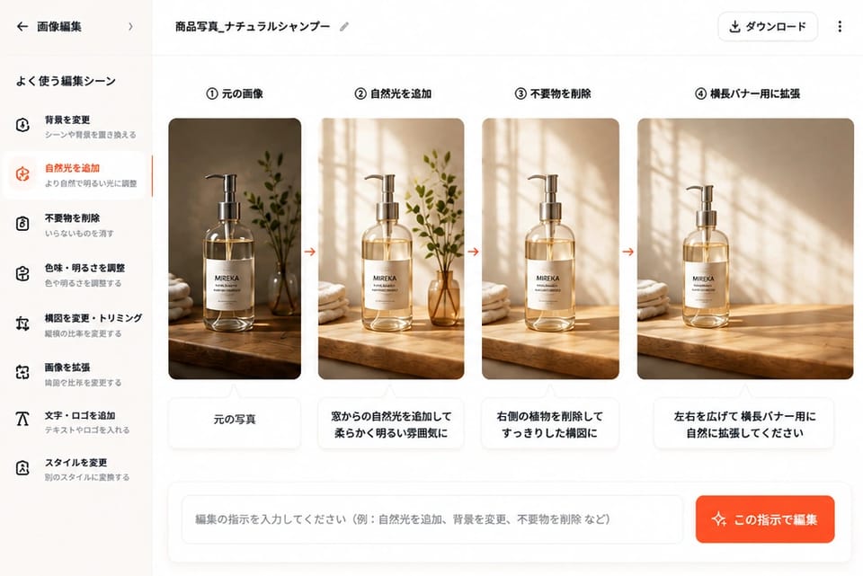 自然光のスキンケア商品を仕上げたAI画像編集の作例