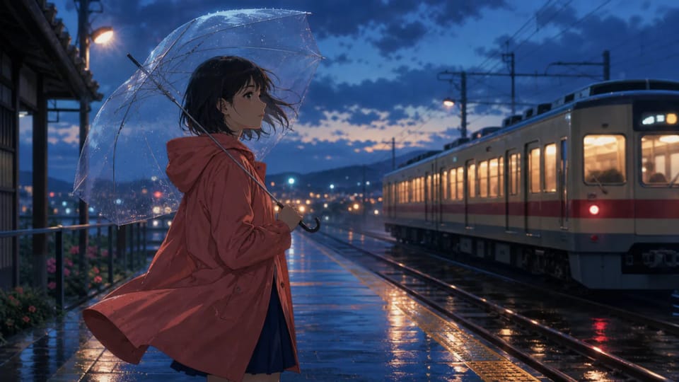 雨上がりの駅で列車を見送る人物を描いた映画的なアニメーションフレーム