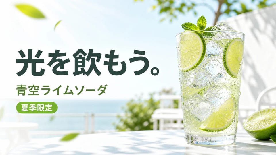 明るい海辺の陽光と青空、ライムソーダを組み合わせた青春感のある日本語広告ポスター