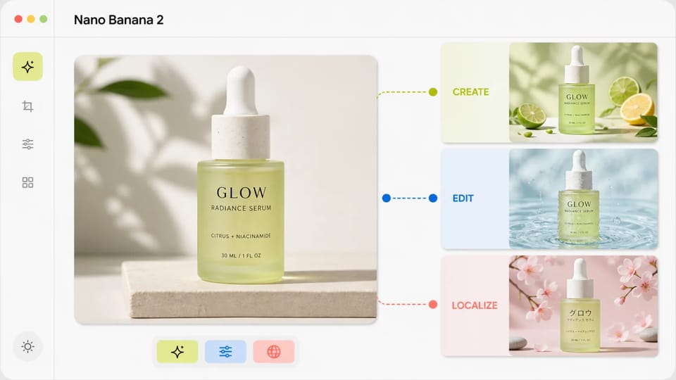 Conceptual Nano Banana 2 workspace for creating, editing, and localizing product visuals