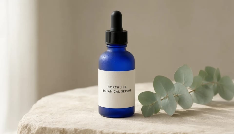 Premium serum product visual with realistic glass and paper materials