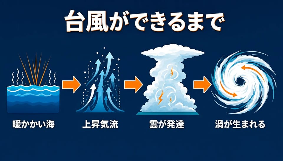 台風ができる過程を図と日本語で示した教材画像