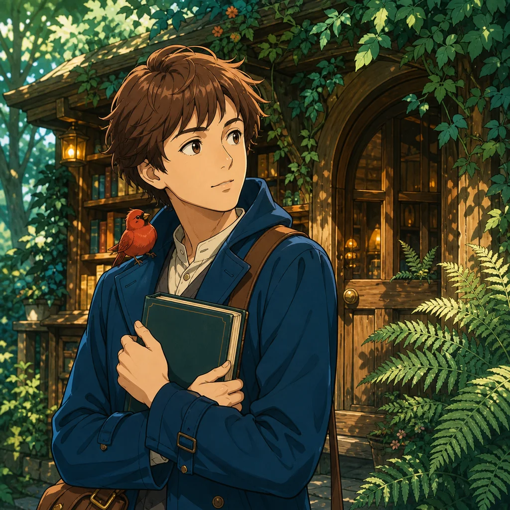 青いコートの旅人と赤い小鳥を描くアニメ風イラスト