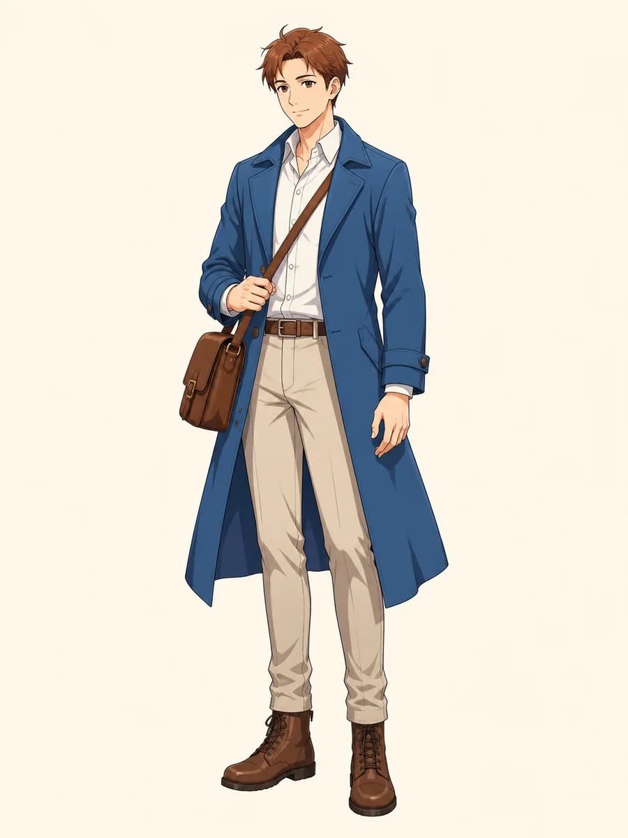 青いコートと肩掛け鞄を身につけたオリジナルキャラクターの全身立ち絵