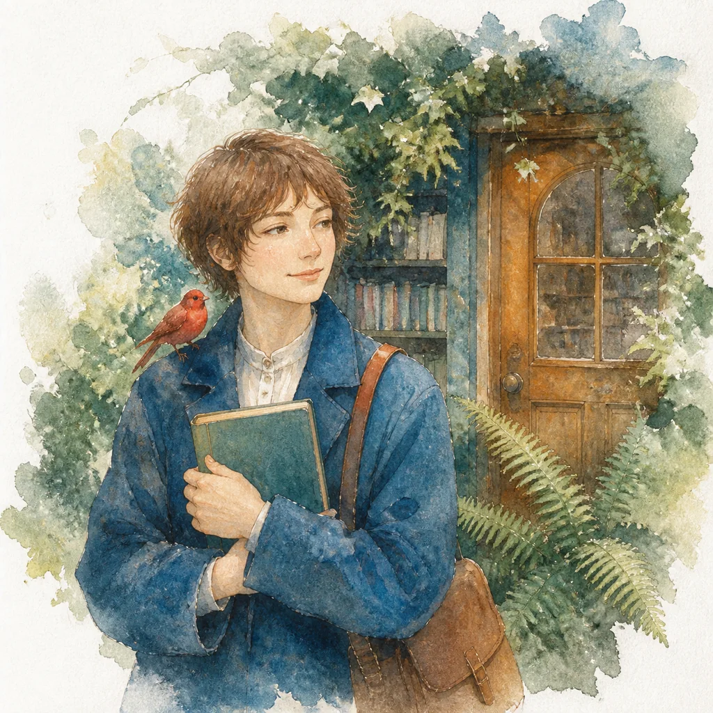 旅人と小鳥と森の書店を透明水彩のにじみと余白で描いたイラスト