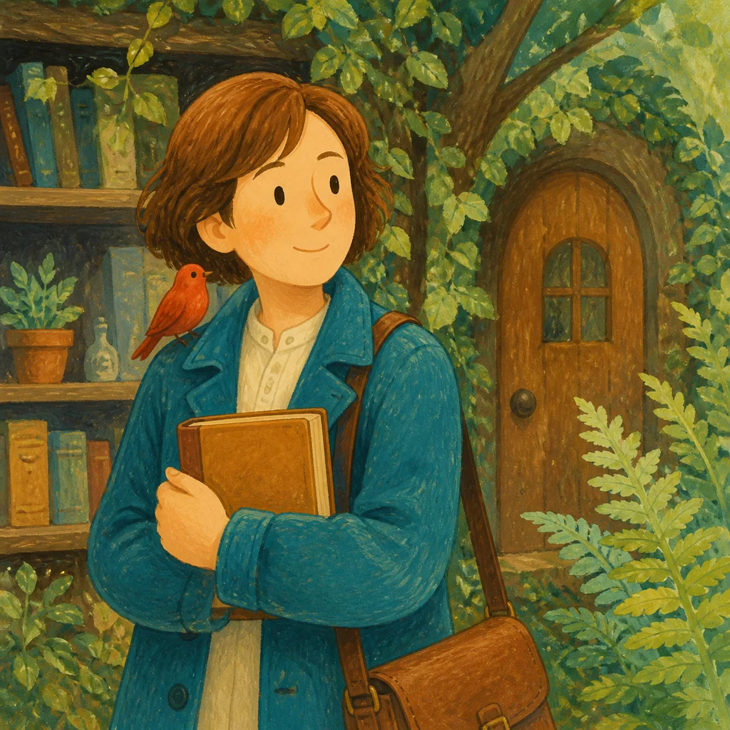 森の書店を訪れた旅人と小鳥をガッシュと色鉛筆の絵本風に描いた挿絵