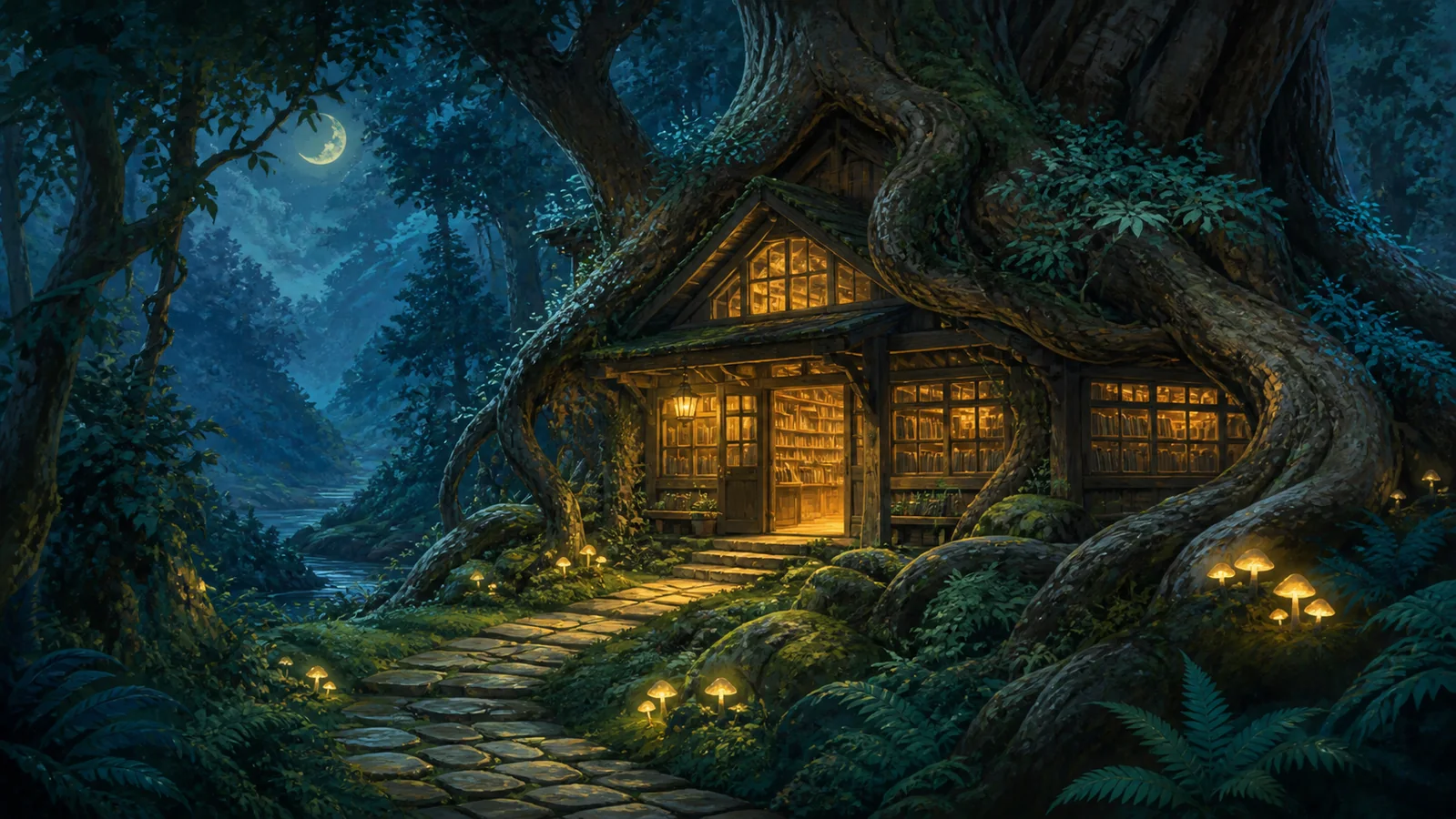 青緑の夜の森で琥珀色の窓が光る書店の幻想的な背景イラスト