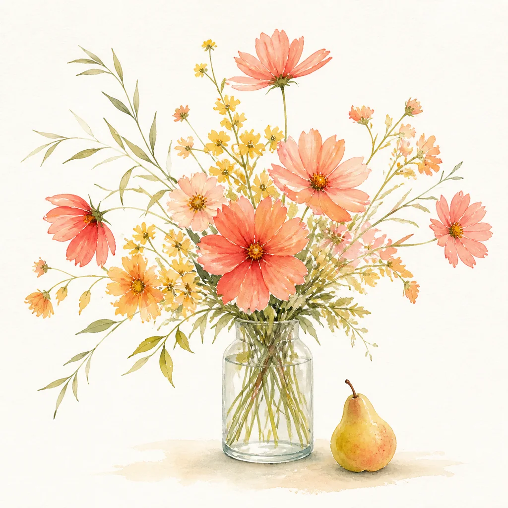 コーラルピンクと黄色の花、ガラスの花瓶と洋梨を描いた透明水彩の挿絵