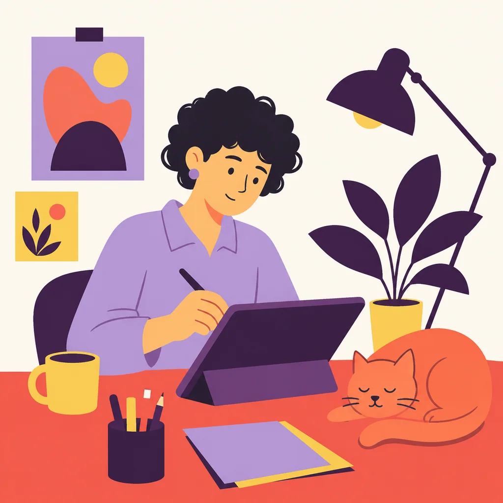 ラベンダー色の服のイラストレーターと眠る猫を大きな色面で描いたフラットイラスト