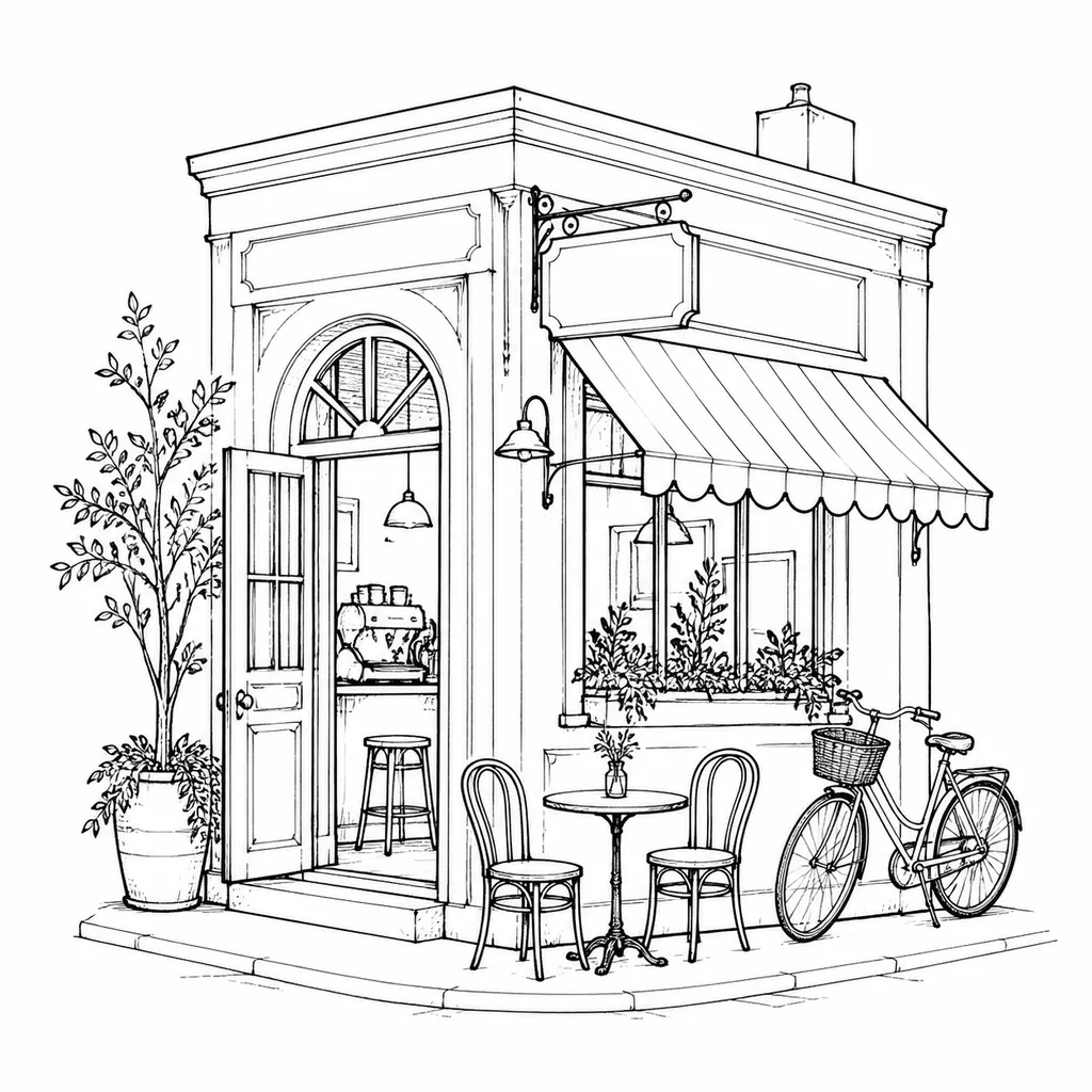 カフェの外観とテーブル、椅子、自転車を黒インクの輪郭線で描いたモノクロ線画