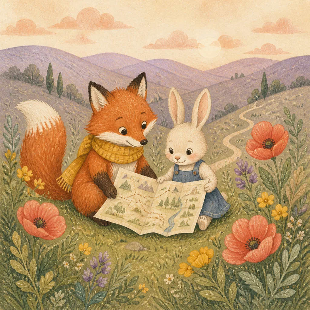 Gouache storybook illustration of a fox and rabbit reading a map among wildflowers